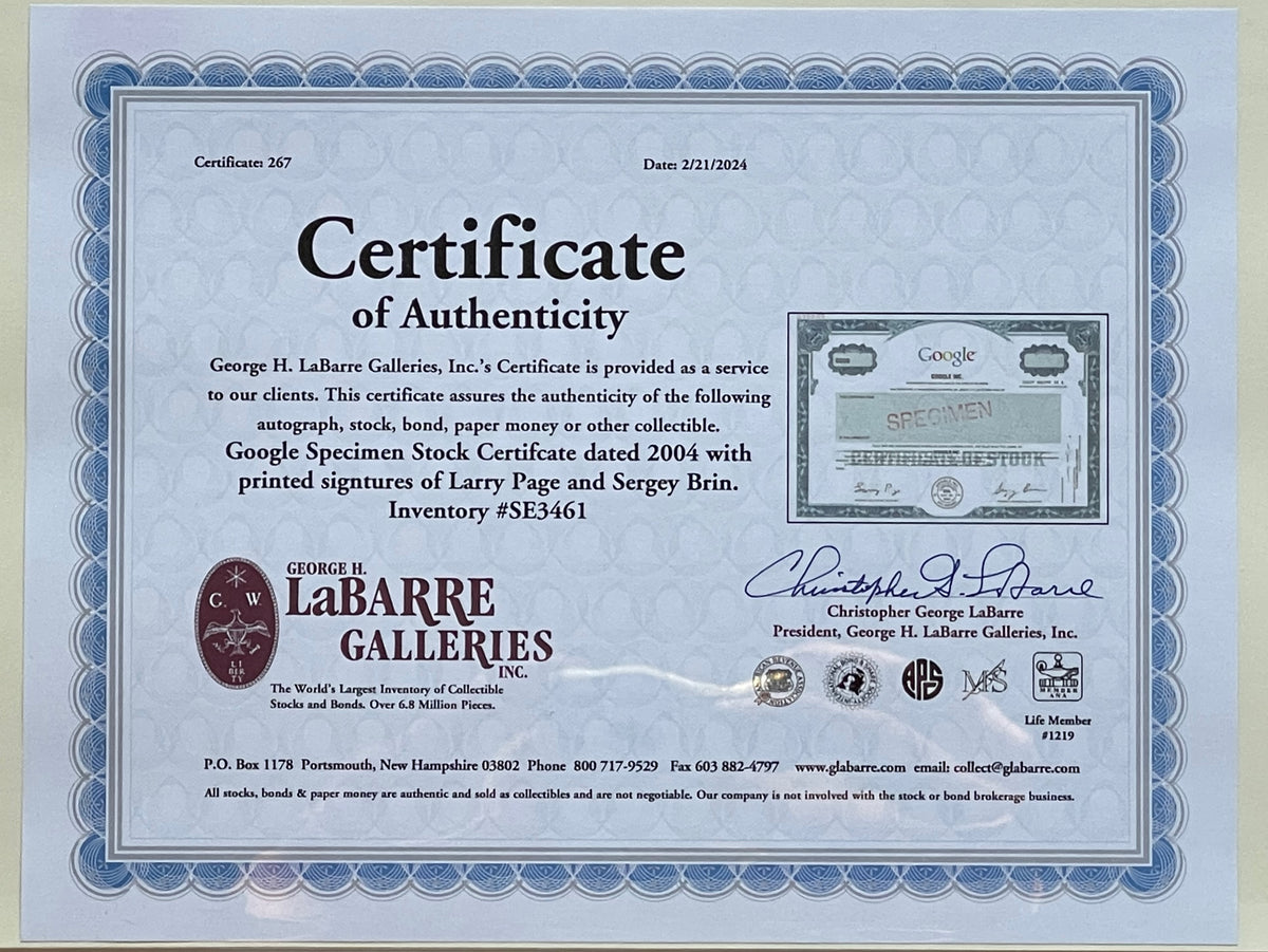 Google Stock Certificate Google Holdings